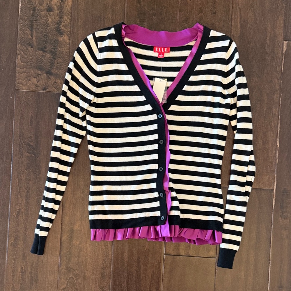 ELLE Black & White Striped Button Cardigan with Purple Satiny Trim